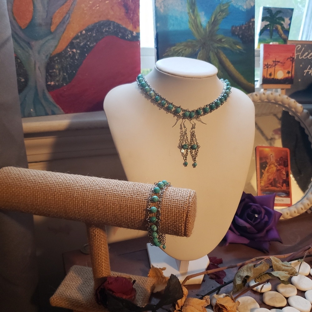 Handmade Tuquoise Ladder Bracelet, Earrings and Necklace Set